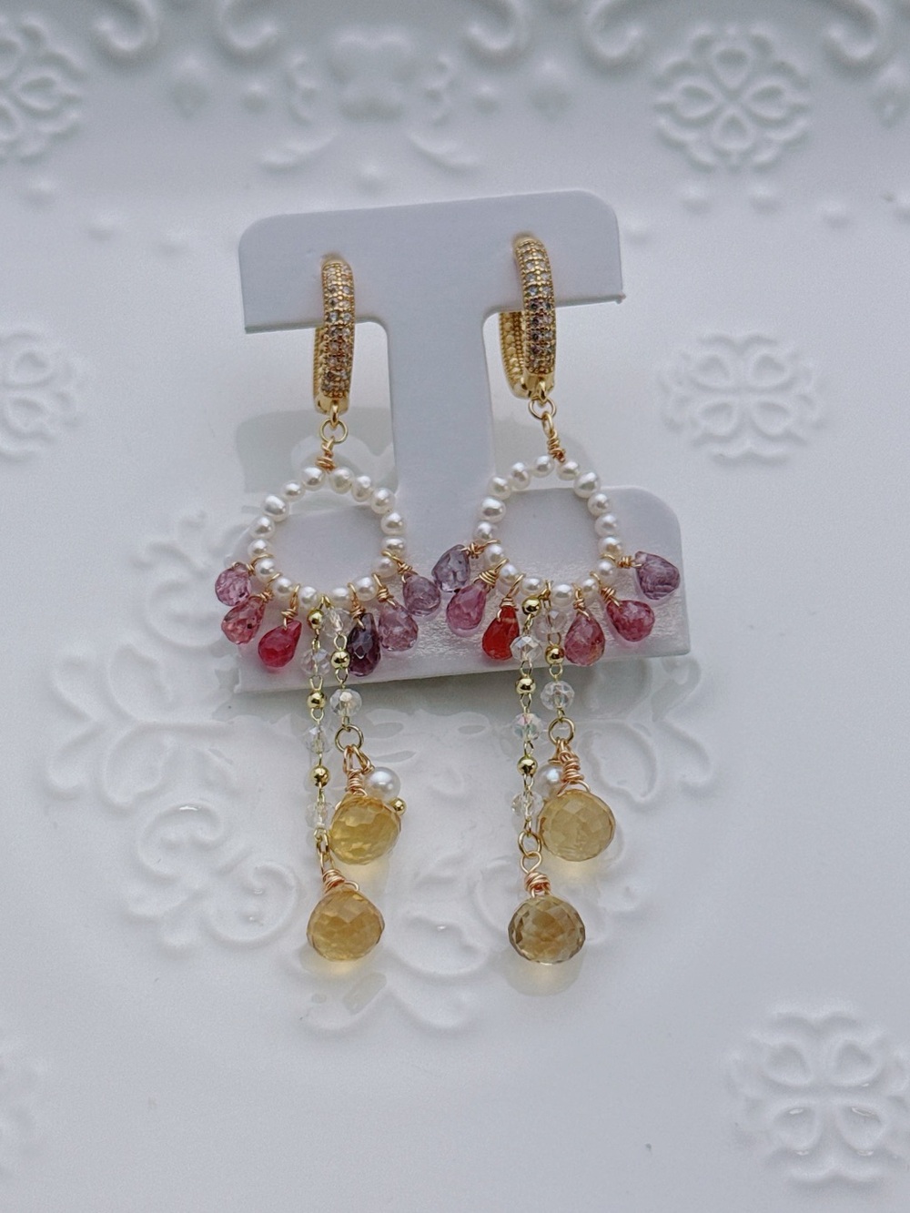 26E565 Handmade Freshwater Pearl Citrine Rainbow Spinel Huggies Earrings